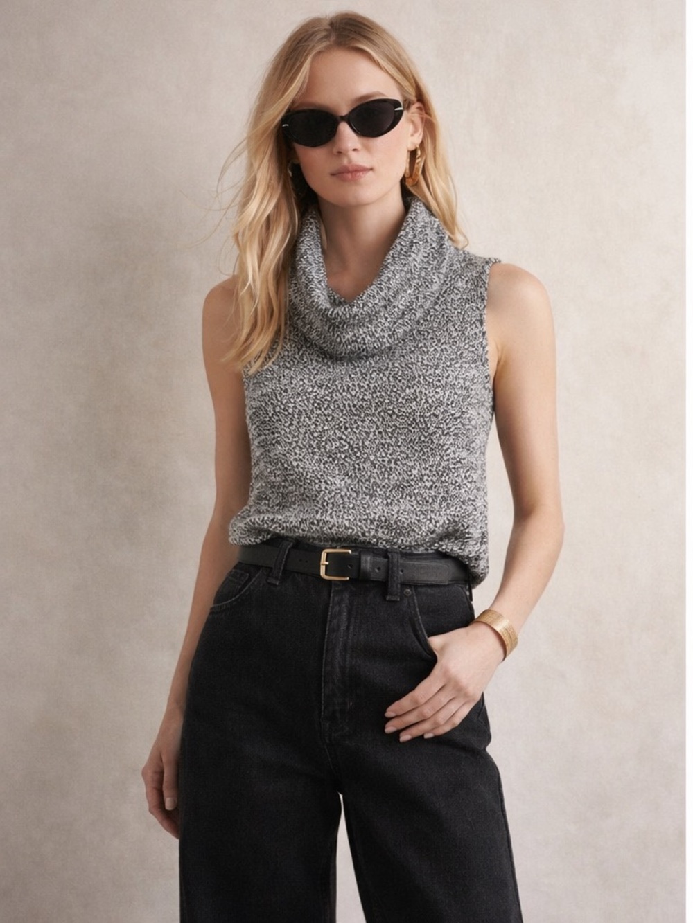 Anthropologie Dolan Cowl Neck Sleeveless Sweater Marled Black White Medium